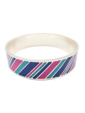 LIZ CLAIBORNE Teal Navy Fuchsia Diagonal Stripe Enamel Bangle Cuff Bracelet